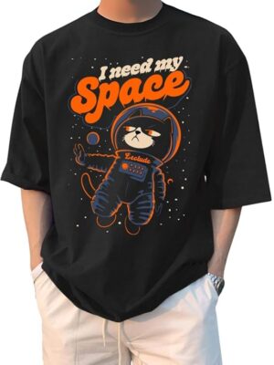 Men’s Graphic Oversized T-Shirt – “I Need My Space” Astronaut Cat Printed Cotton Tee