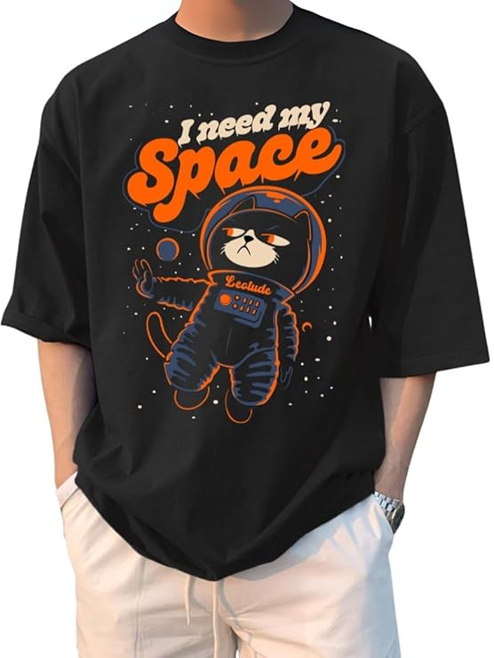 Men’s Graphic Oversized T-Shirt – “I Need My Space” Astronaut Cat Printed Cotton Tee
