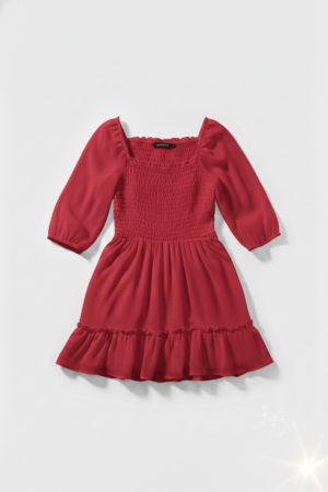 Women’s Smocked Fit & Flare Mini Dress with Puff Sleeves – Red, Blue & Yellow