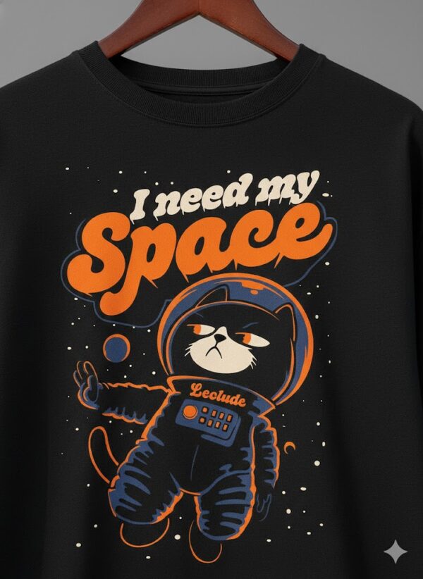 Men’s Graphic Oversized T-Shirt – “I Need My Space” Astronaut Cat Printed Cotton Tee